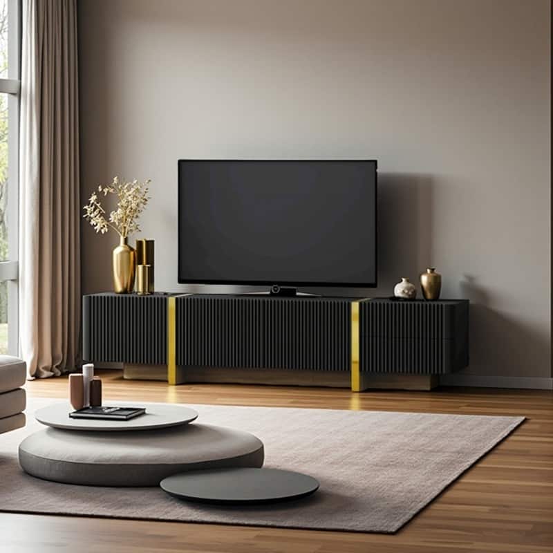 Luxurious 80-Inch TV Stand with Fluted Panels, Golden Wood Grain Legs, Storage Cabinets & Drawers, Modern Media Console