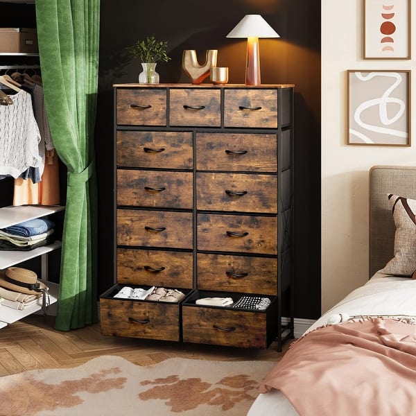 brown wood tall dresser for bedroom Amerlife Solid Oak Metal Wooden 5 Drawers Dresser, Rustic Brown Tall Chest for Bedroom