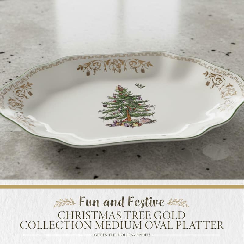 Spode Christmas Tree Gold Medium Oval Platter - 13-Inch