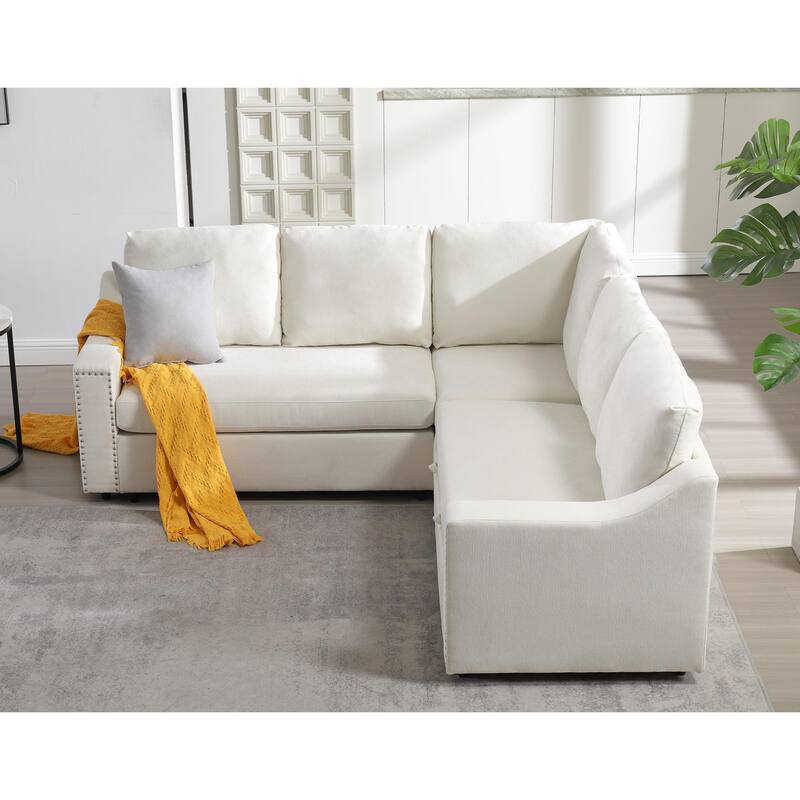 Beige 81.5'' L-Shaped 5 Seater Sectional Sofa with Pull-Out Bed and 6 Pillows, Multifunctional Corner Couch for Living Room