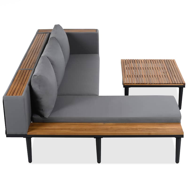 L-Shaped Acacia Wood Sofa with Side table