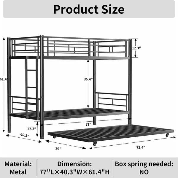 dimension image slide 0 of 3, Heavy-Duty Sturdy Metal Twin over Twin Bunk Bed with Trundle, Noise-Reduced Design, and Safety Guardrail for 3 Kids