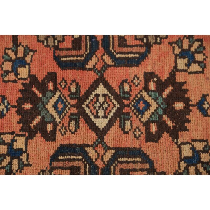 Geometric Hamedan Persian Runner Rug Orange Hand-Knotted Wool Carpet - 3'4"x 13'6"