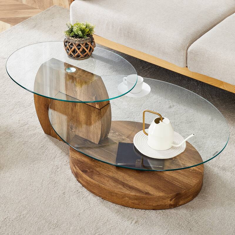 Modern Round Glass Coffee Table w/ Wood Base, 3 Tier Round Coffee Table, Clear Cocktail Table w/ Storage for Home Office