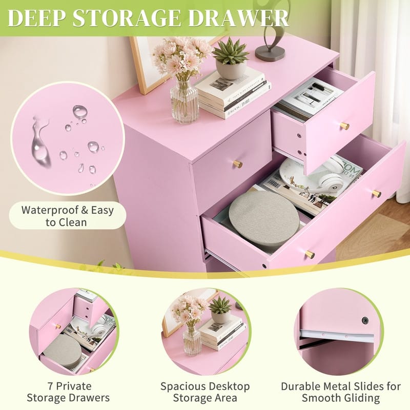 Large 7-Drawer Dresser For Bedroom And Chest Of Drawers With Sturdy Construction Wood Storage Organizer For Closet