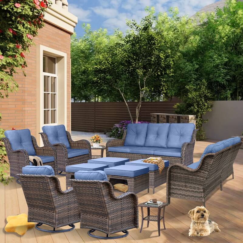 Wicker Outdoor Patio Furniture Seating Set with Swivel Rocker Chairs - 12 Piece - Denim Blue