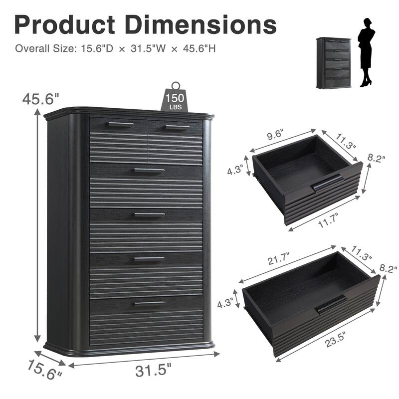 Mid-Century Modern 6 Drawers/7 Drawers Dresser for Bedroom, Tall Dresser & Chest of Drawers with Curved Profile Design