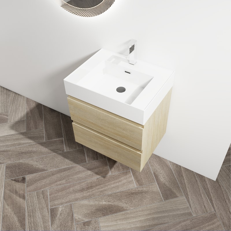 24" Wall-Mounted Bathroom Vanity With Resin Sink, 2-Soft Close Drawers