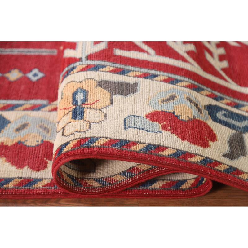 Hand Knotted Oriental 100% Wool Carpet Traditional Geometric Red Kazak Area Rug - 9' 10'' X 6' 10''