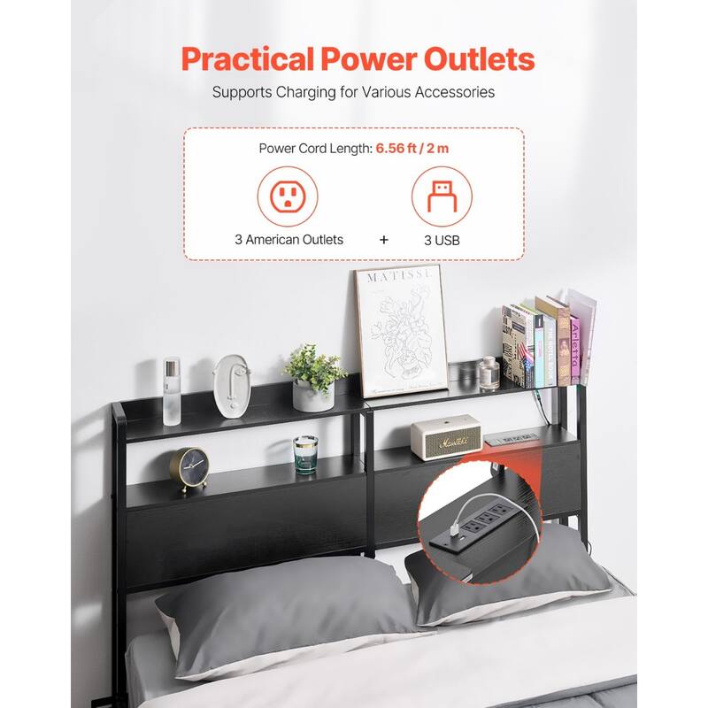 Black Carbon Steel Frame Headboard with LED Lights, Power Strips and Storage