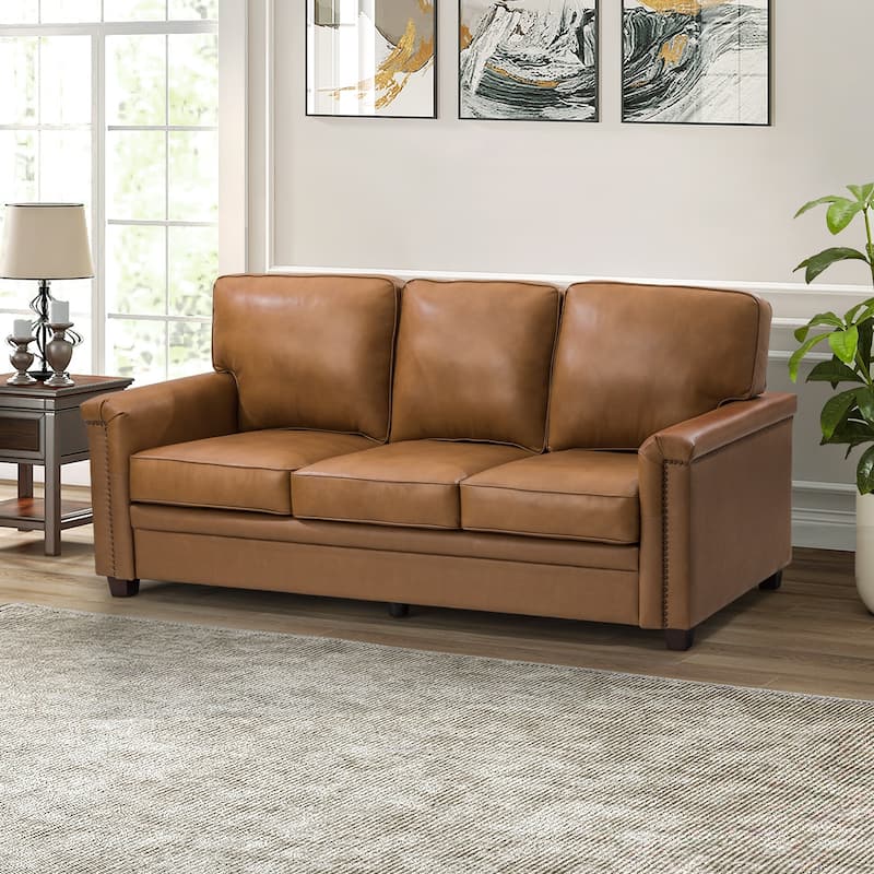 Rita Transitional Living Room 3-Seat Genuine Leather Nailhead Sofa with Solid Wood Legs and Removable Cushions - CAMEL