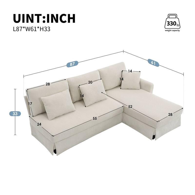 Modern L-shaped Corduroy Sofa with Reversible Chaise,4-seat