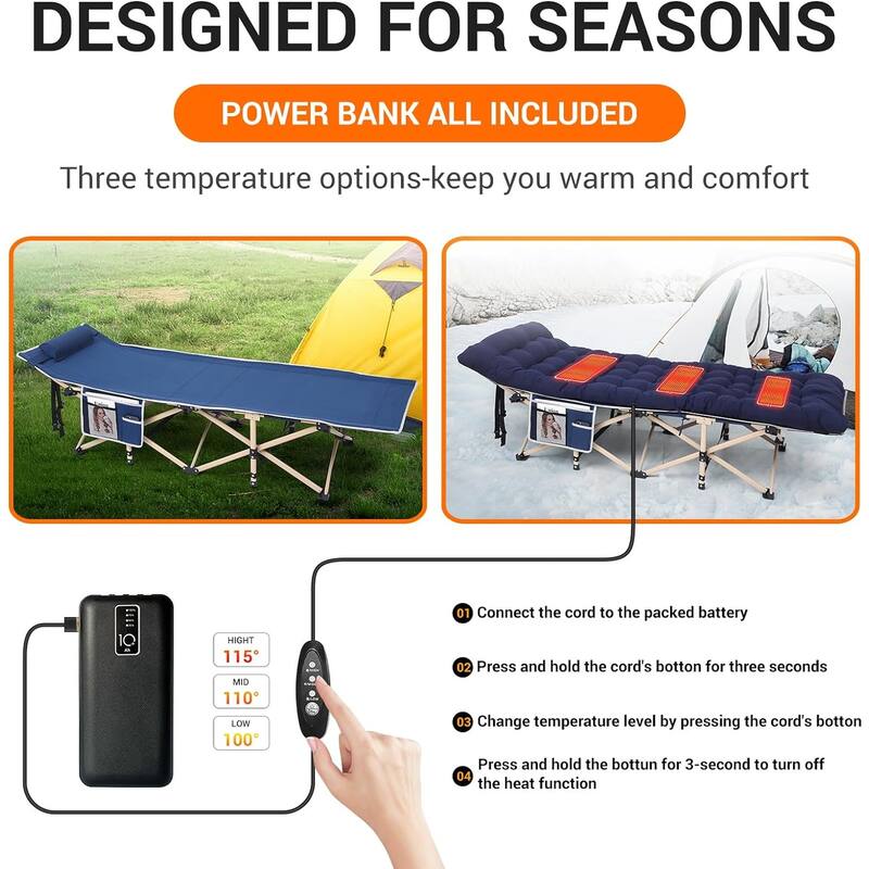 Camping Cot, Heated Camping Cot Folding Cot for Adults with Heated Mattress, Folding Bed, Carry Bag - 74 x 26.5
