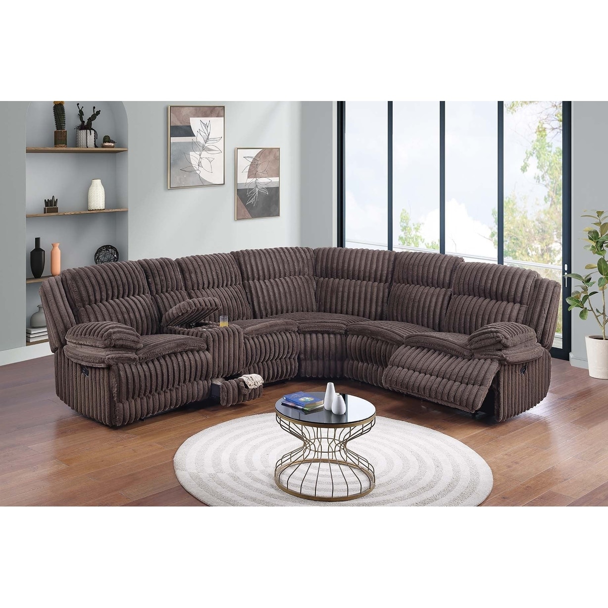 Contemporary Manual Sectional Set 3pc Chocolate Finish Hidden Drawers Cup Holder