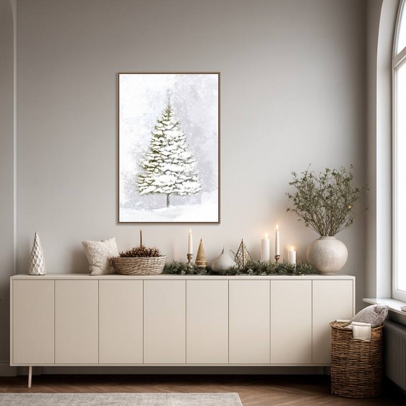 Lone fir in the snow by Rosana Laiz Blursbyai Framed Canvas Wall Art Print - Sylvie Beaded Dark Gold