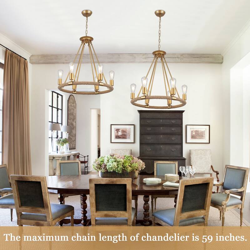 6-Light Farmhouse Chandelier, Modern Wagon Wheel Chandelier for Dining Room Living Room Bedroom Kitchen - W22.83"x H23.26"