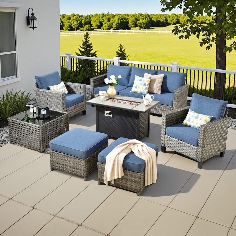 XIZZI 7-Piece Outdoor Patio Wicker Furniture Set with Fire Table - Denim Blue