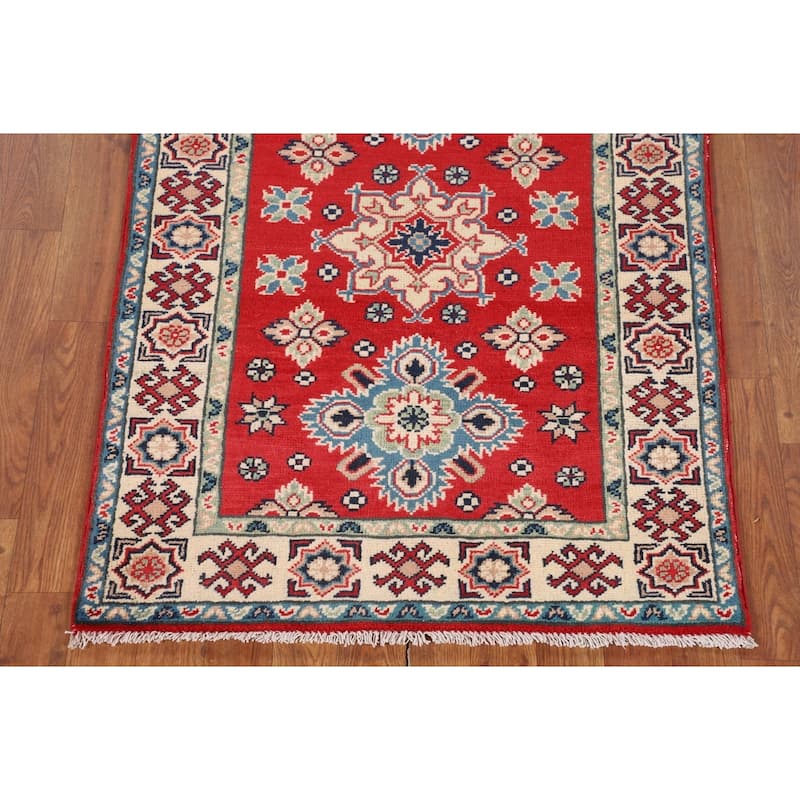 Red Kazak Oriental Accent Rug Handmade Geometric Foyer Wool Carpet - 2'10" x 3'11"