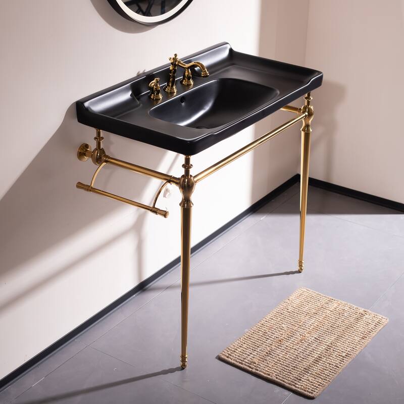 GDFStudio - Vici Modern 36" Bathroom Console Sink with Freestanding Stainless Steel Legs & Towel Bar, WITHOUT Faucet