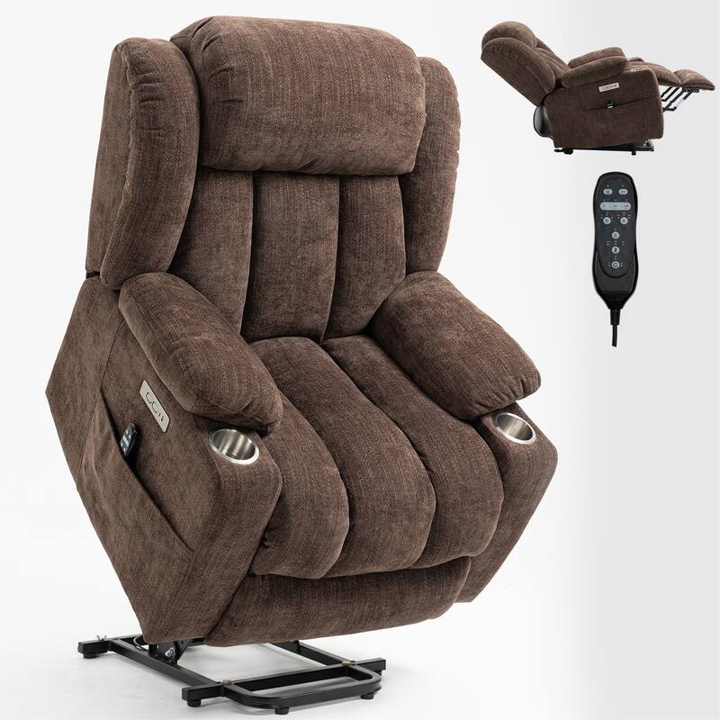 Roomfitters Heavy Duty Power Lift Recliner, Chenille Massage Chair with USB-C Charging and Stainless Cup Holders