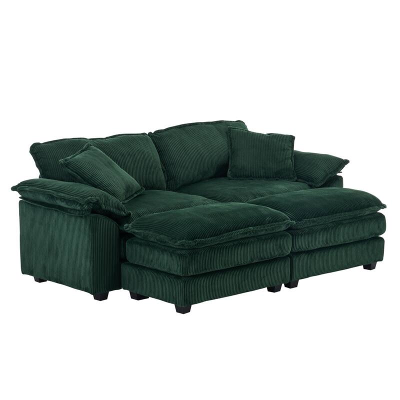 Modern 2-Seater Corduroy Sofa with 4 Support Pillows and 2 Ottomans - Green