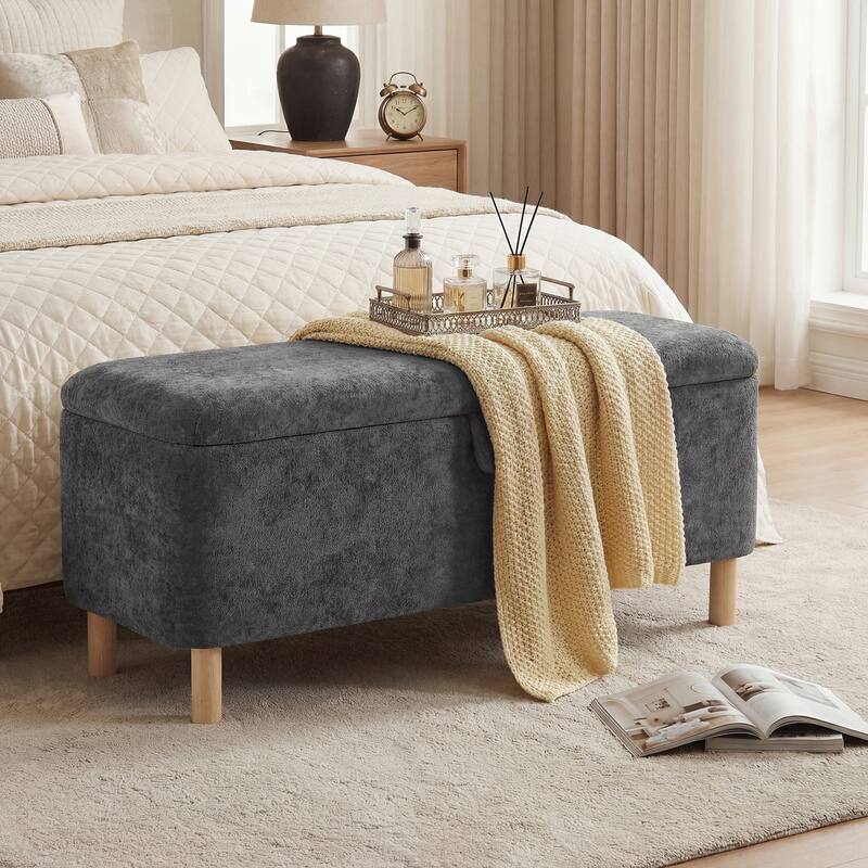 Upholstered Storage Ottoman Bench with Large Hidden Storage Fabric End of Bed Bench - Dark Grey