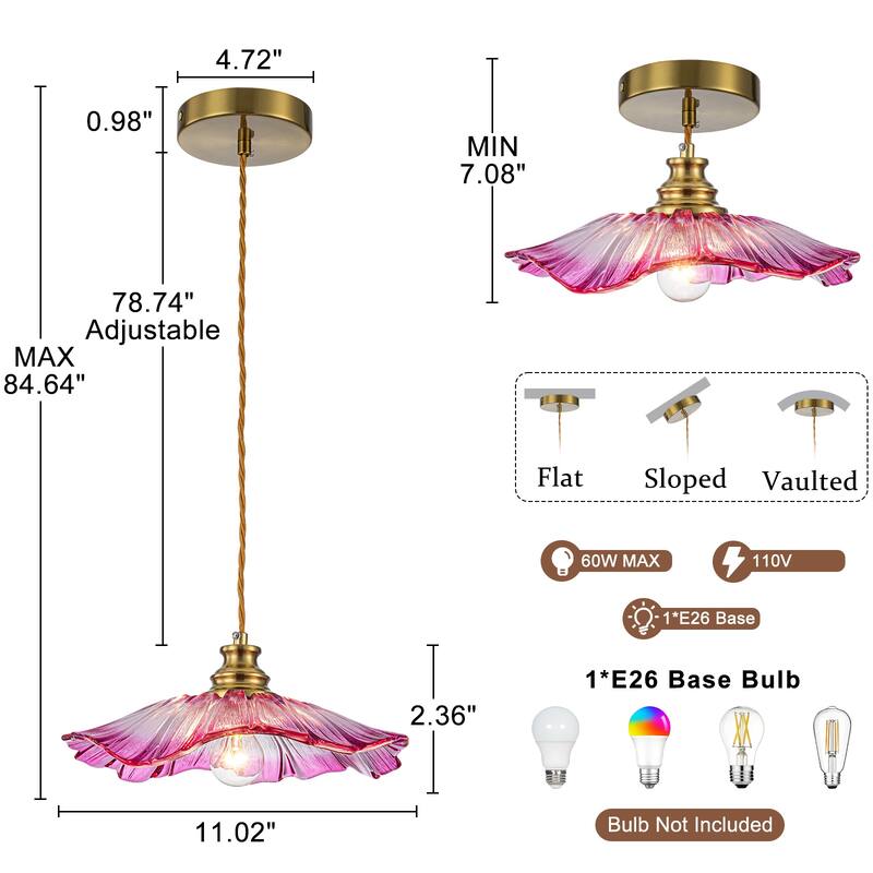 11" Flower-Shaped Red & White Gradient Glass Pendant Light Modern - Dia.11.02-in