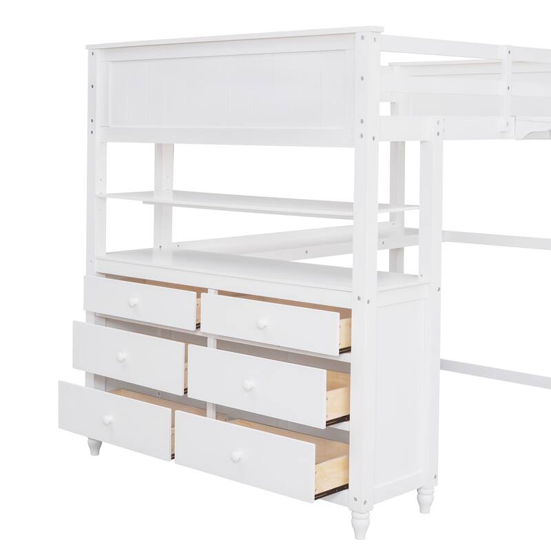 Full Size Wooden Loft Bed with Drawers, Desk, and Shelves in White