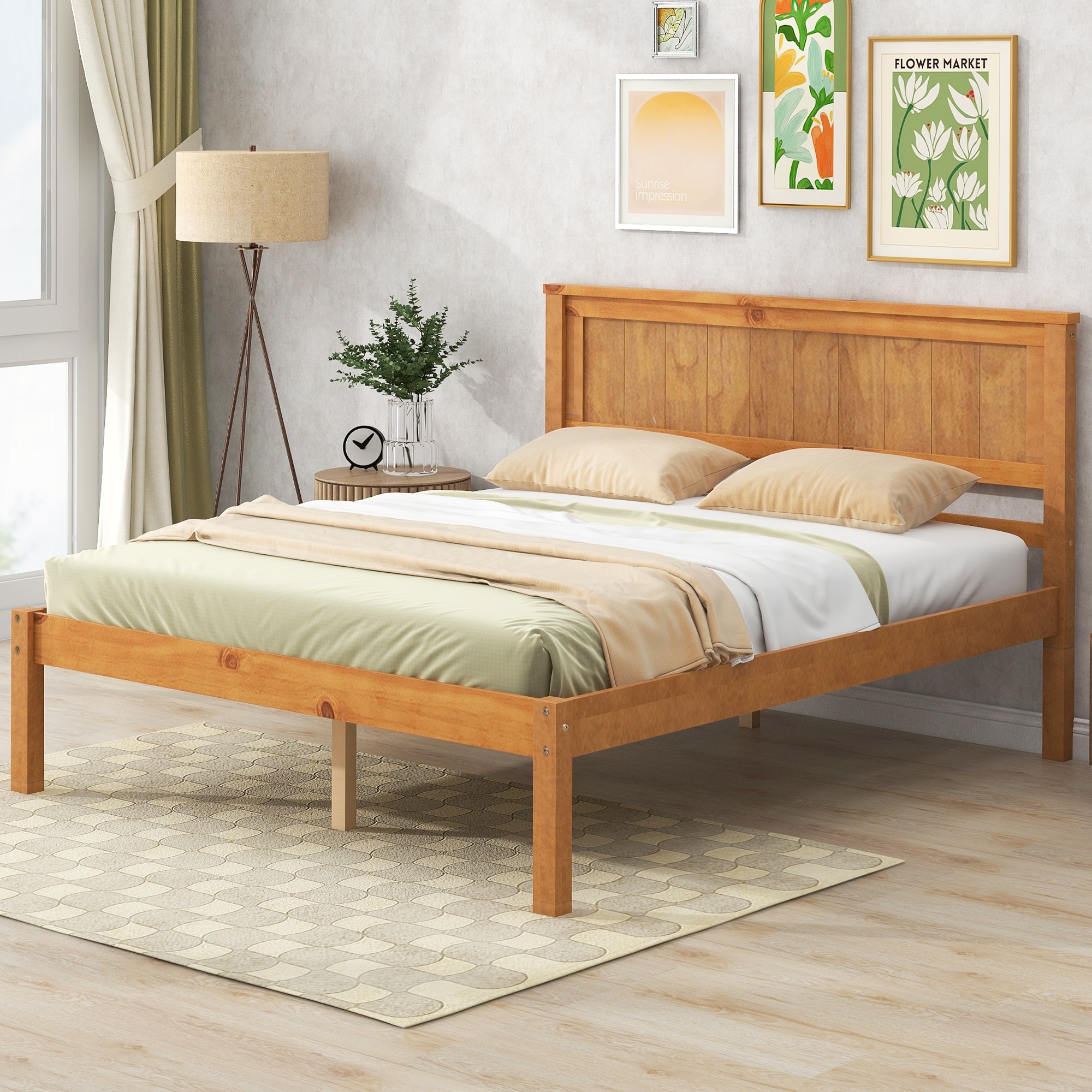 Oak Full Size Pine Wooden Platform Bed with Slat Support and Headboard