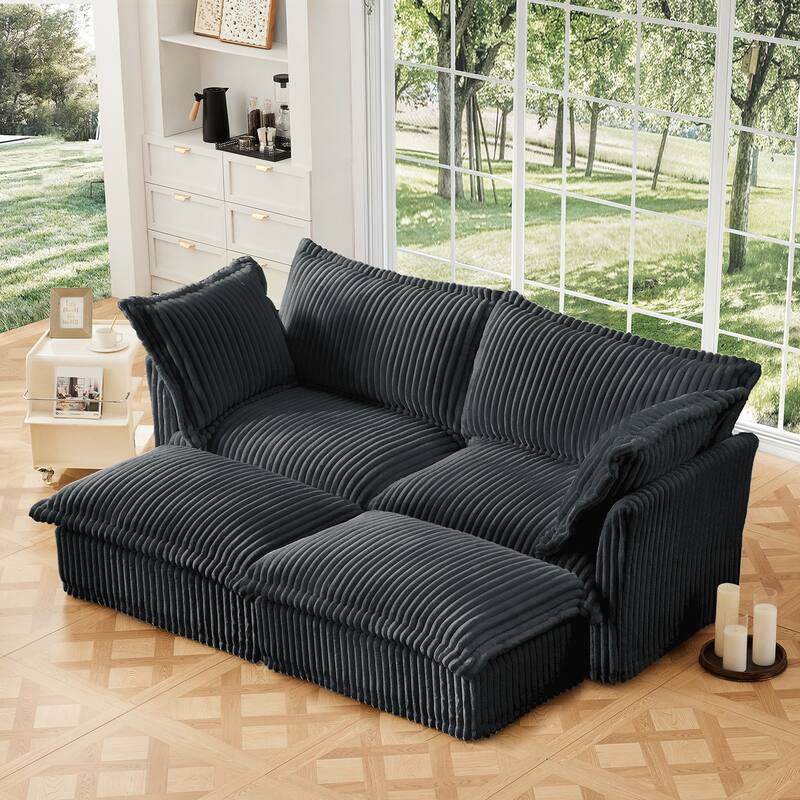 Slipcovered Corduroy 2-Seater Sofa with 2 Ottomans