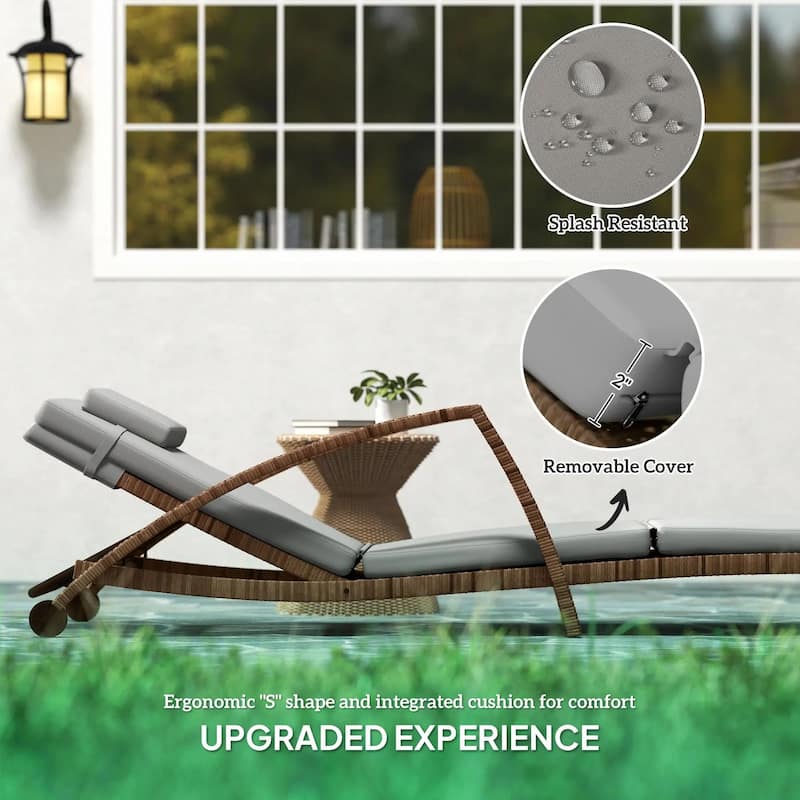 Wicker Chaise Lounge Set, Outdoor Recliners, Adjustable Back, Cushion