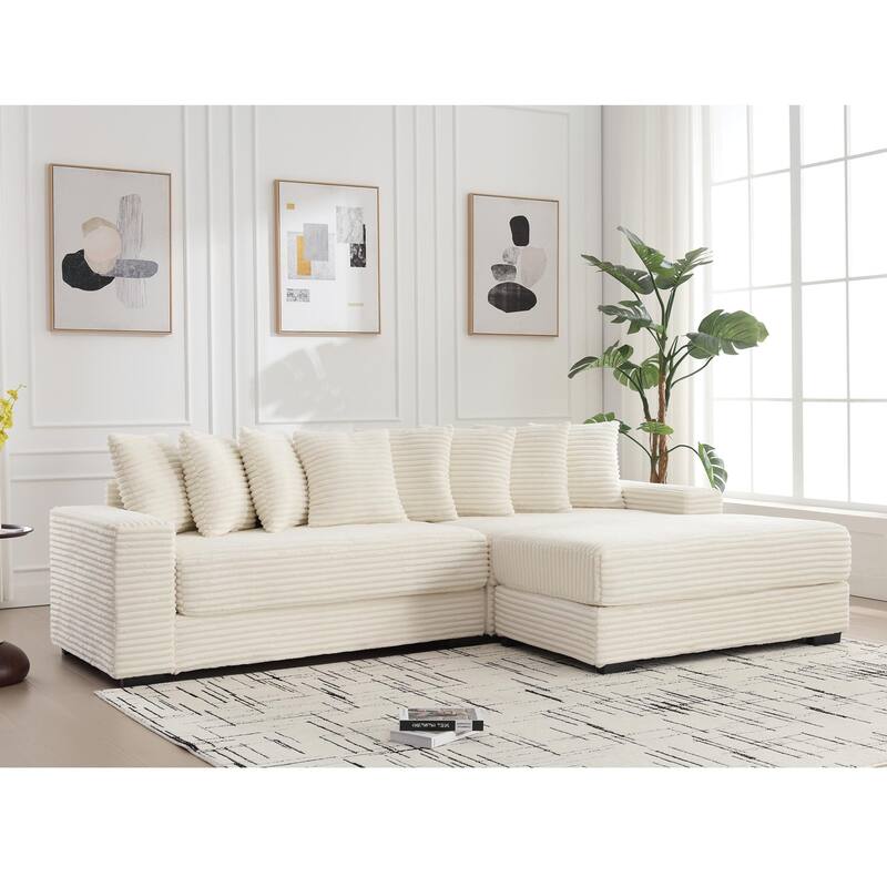 111" Corduroy Upholstered L-Shaped Sectional Sofa with Oversized Chaise Longue and 8 Throw Pillows