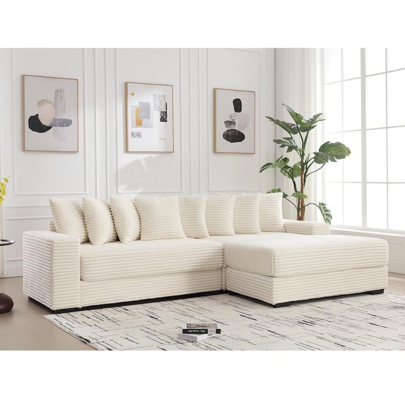 L Shaped Modular Sectional Sofa with Chaise, Oversized Corduroy Upholstered Sleeper Sofa, Floor Corner Sofa with Throw Pillows - Beige