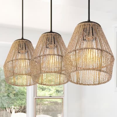 Ibiza Island 30" 3-Light Seagrass/Metal Bohemian Coastal LED Pendant, Oil Rubbed Bronze/Natural by JONATHAN Y