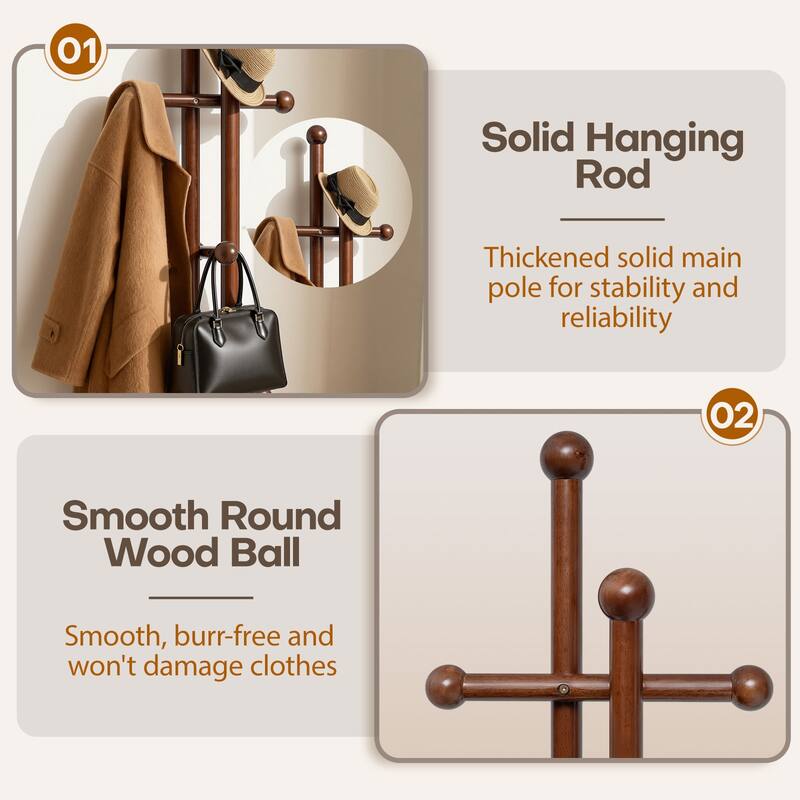 Freestanding Coat Rack Wooden Coat Tree with 6 Hooks and 2 Main Rods - 73.23"H x 15.75"W