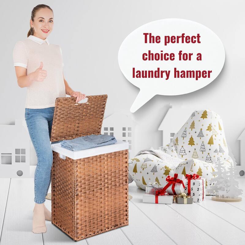 Laundry Hamper with Lid, 100L Wicker Laundry Baskets with 2 Removable Liner Bags - 18"Lx13.5"W x24"H