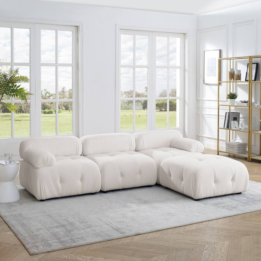 White 93'' Modular L-Shaped 4 Seat Sectional Sofa with Reversible Ottoman, Button Tufted Design and Comfortable Cushions