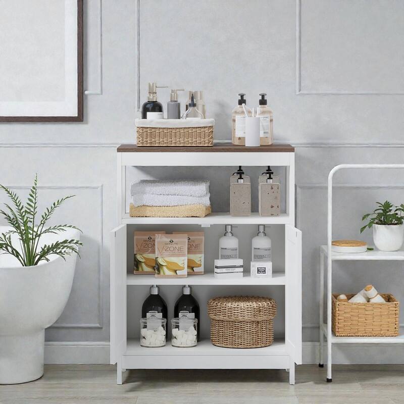 Modern Storage Cabinet with Double Doors, Freestanding Wood Organizer with Open Shelf and Natural Wood Top