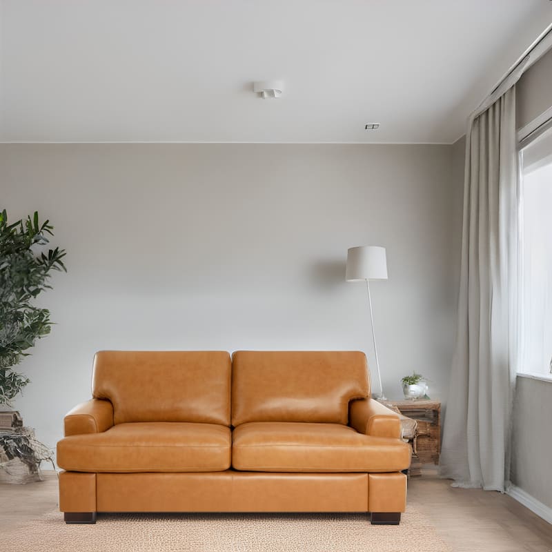 Premium Genuine Leather Loveseat with Deep Plush Seating and Goose Feather Cushions for Ultimate Comfort