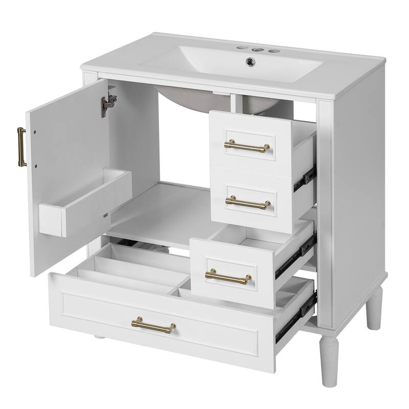 Solid Wood Bathroom Vanity with Ceramic Sink, Bathroom Storage Cabinet with 3 Drawers, Soft Close Doors & Built-in Shelf