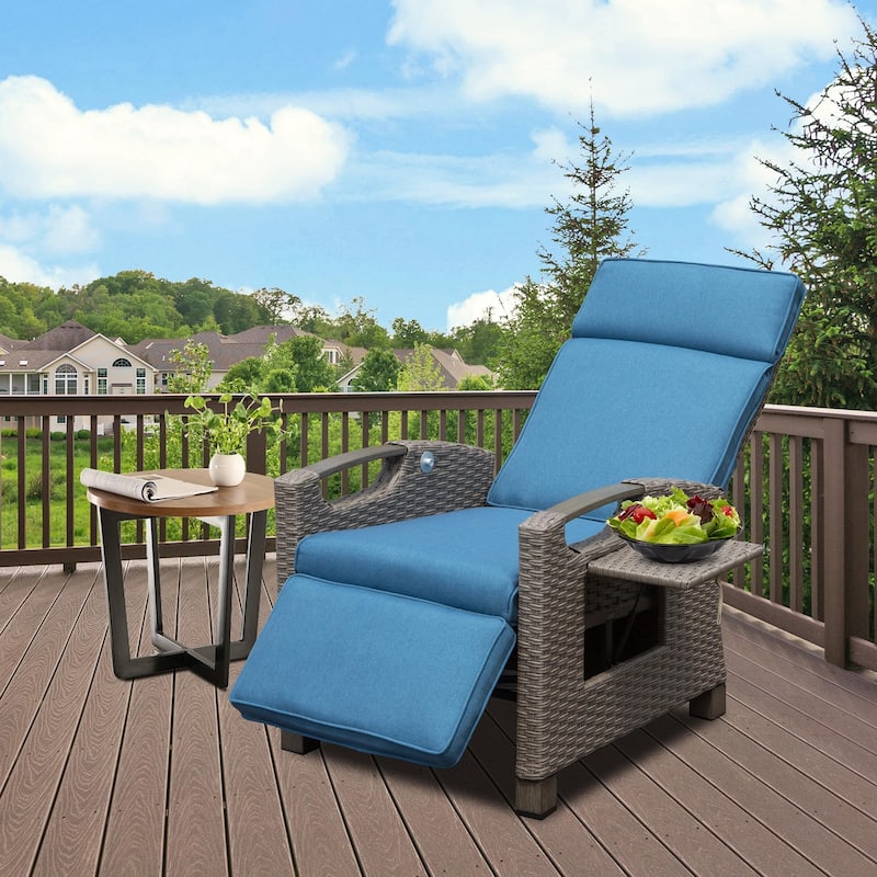 Woven Wicker Outdoor Recliner Chair, Thick Cushions Reclining Lounge Chair