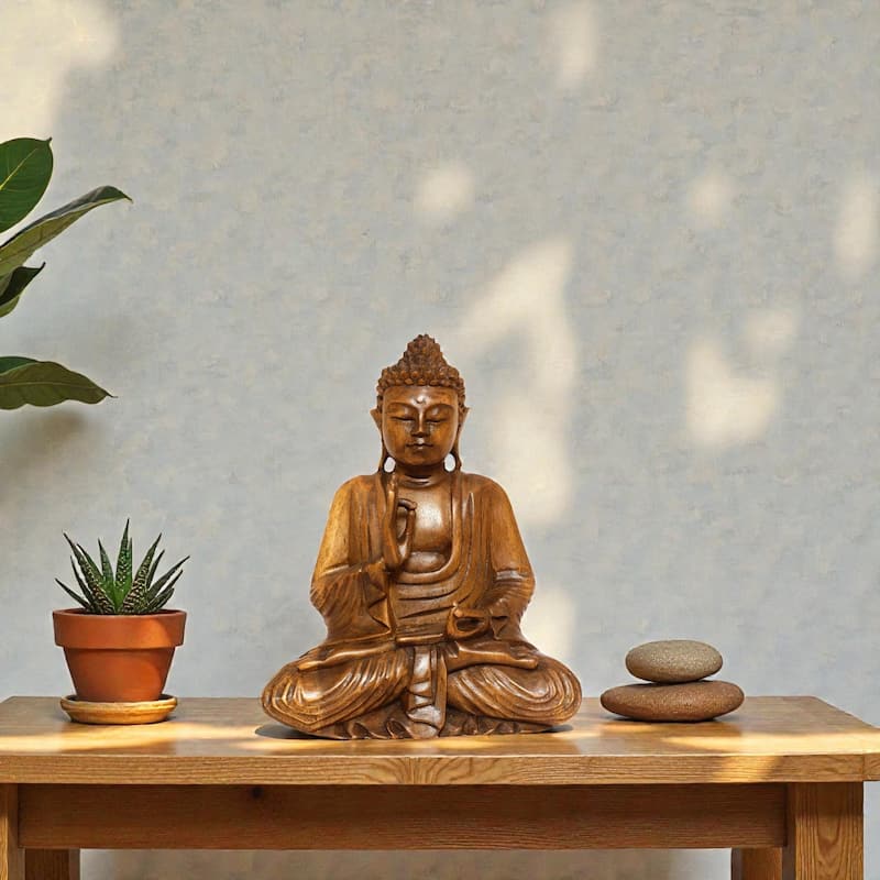 Wooden Serene Sitting Buddha "Vitarka Mudra" Statue Handmade Meditating Sculpture Figurine Home Decor Accent Handcrafted Art