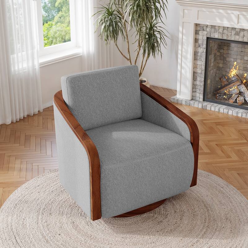 Upholstered Swivel Barrel Chair with Curved Wood Arms