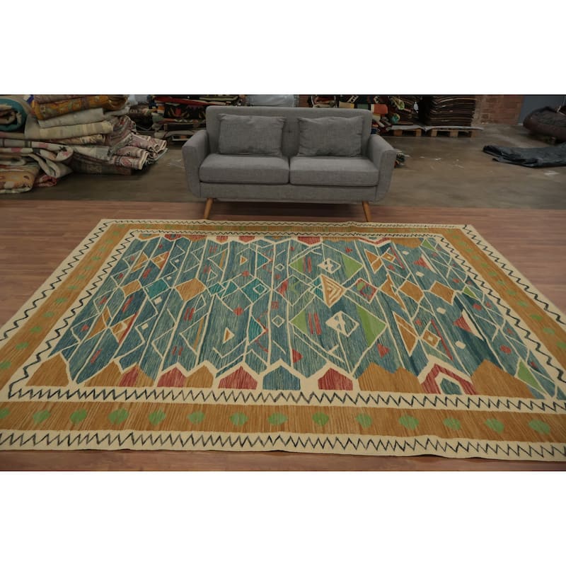 Hand Woven Oriental 100% Wool Carpet Southwestern Tribal Navy Blue & Blues Kilim Area Rug - 9' 9'' X 8' 3''