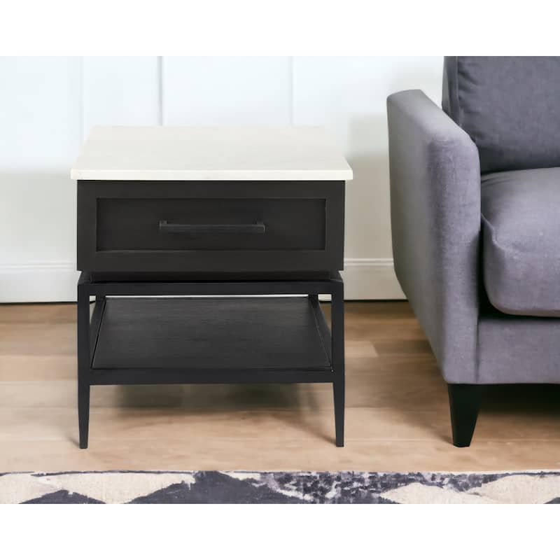 Black White Marble End Table with Drawer and Shelf 22 Inch - 22” x 22” x 22”