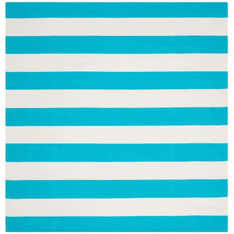 SAFAVIEH Handmade Montauk Geltrude Stripe Cotton Flatweave Rug - 6' Square - Turquoise/Ivory