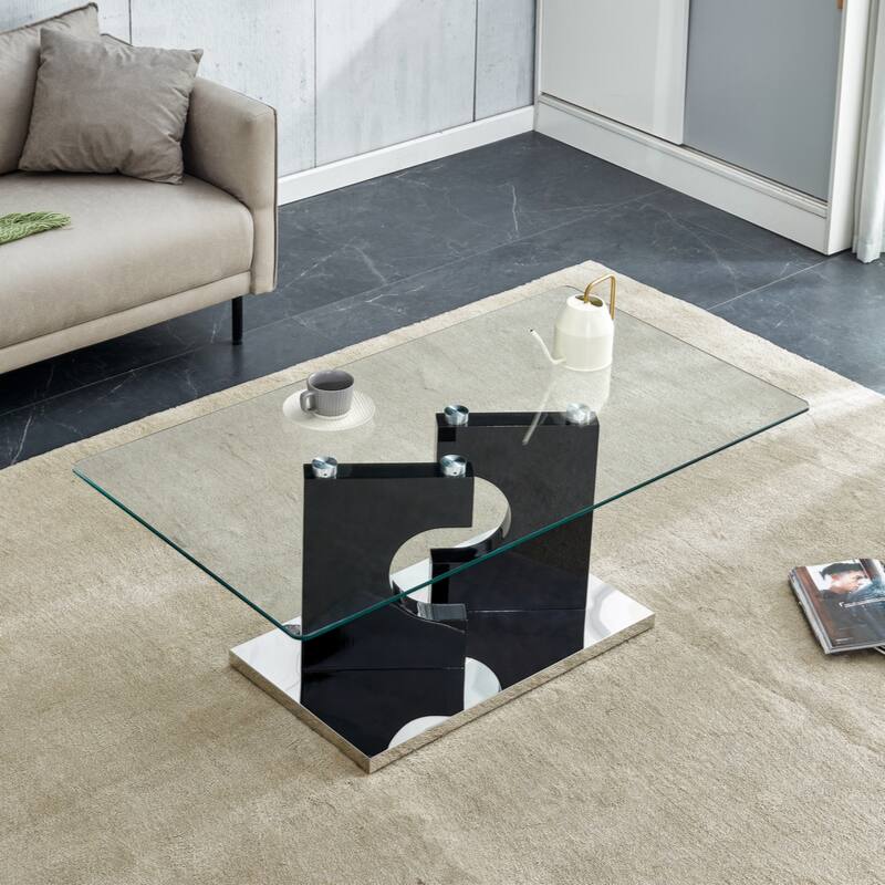 A rectangular modern and fashionable coffee table with tempered glass tabletop and black MDF legs
