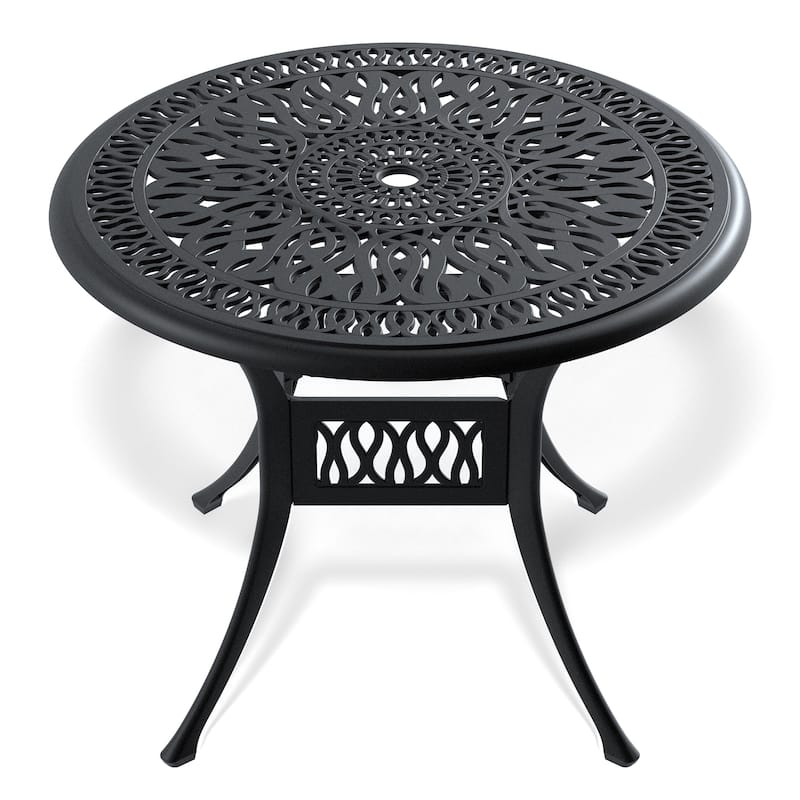 Ø35.43-inch Cast Aluminum Patio Dining Table With Black Frame and Umbrella Hole