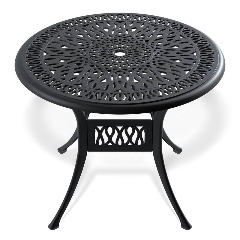 5-Pcs Cast Aluminum Dining Set, 4 Swivel Chairs with Cushion and 1 Umbrella Hole Round Dining Table, Patio Conversation Set