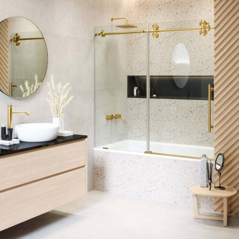 Fine Fixtures Tub Door Sliding Frameless Tempered Glass - 60 Inch - Satin Brass